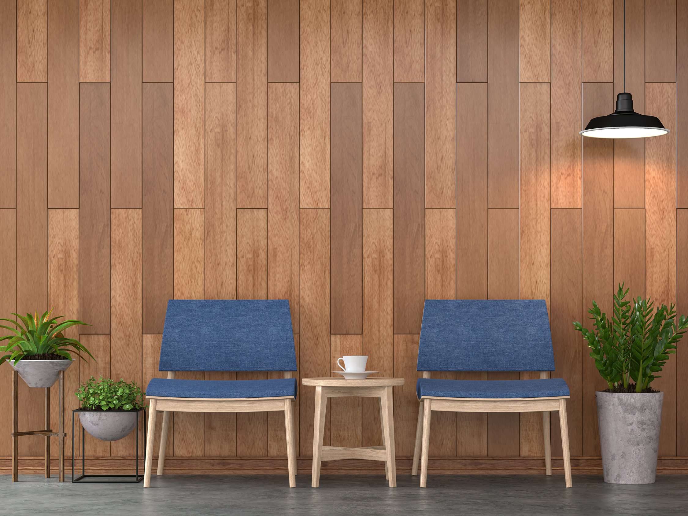 Contemporary Living Room with Wooden Wall